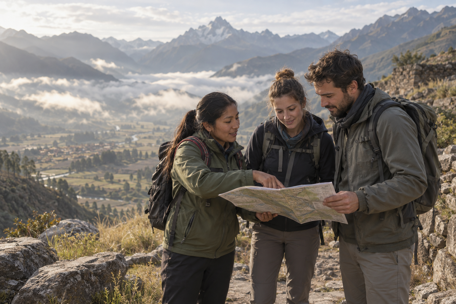 Guía y viajeros consultando un mapa en un paisaje andino. Escena ilustrativa creada con IA.